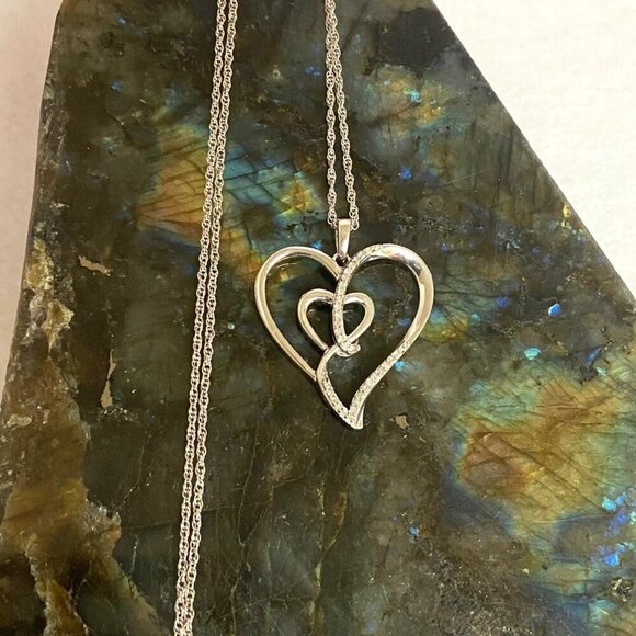 Sterling Silver 925 0.15 CTTW Diamond Heart In Heart Pendant Necklace 18" Chain - Picture 12 of 16